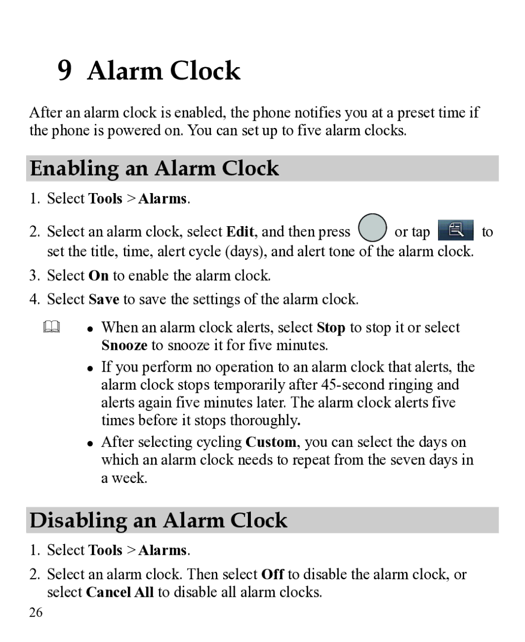 Huawei 31010EJH manual Enabling an Alarm Clock, Disabling an Alarm Clock, Select Tools Alarms 