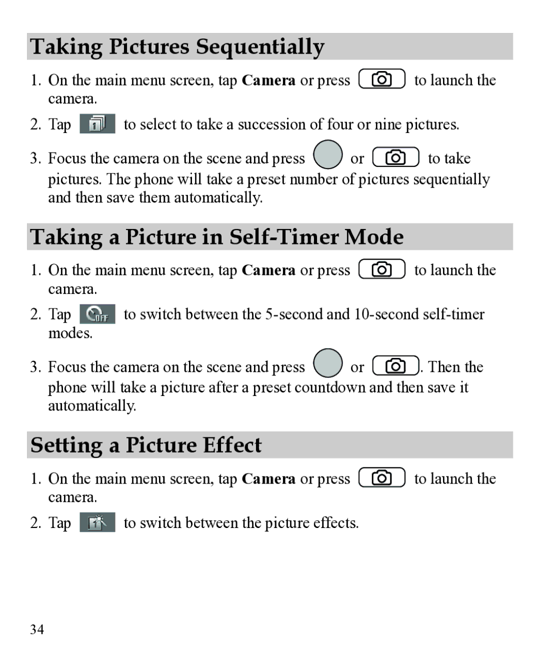 Huawei 31010EJH manual Taking Pictures Sequentially, Taking a Picture in Self-Timer Mode, Setting a Picture Effect 