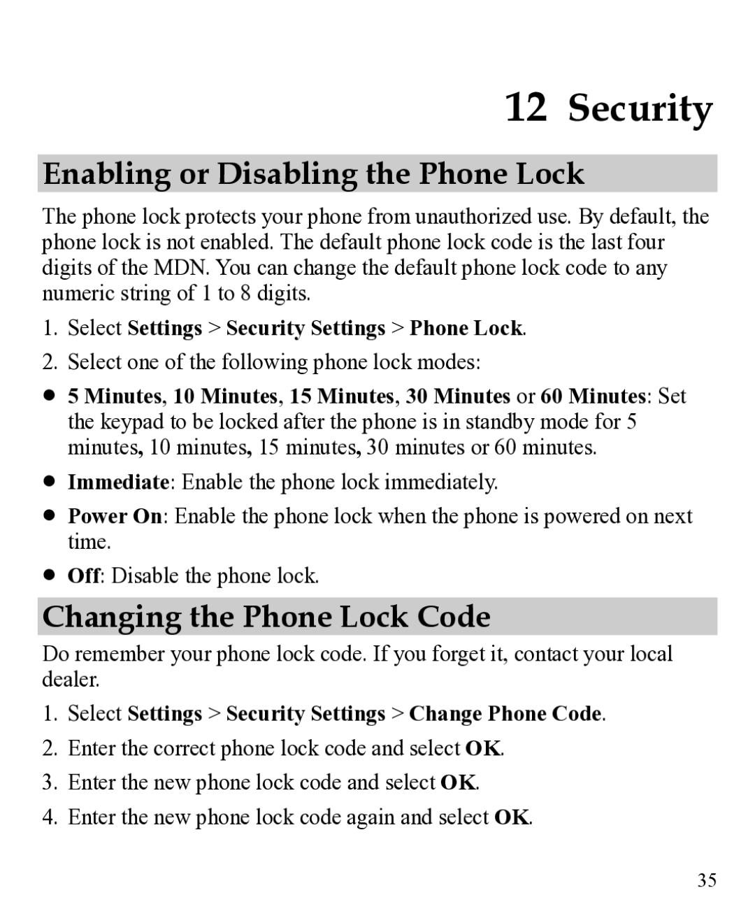 Huawei 31010EJH manual Security, Enabling or Disabling the Phone Lock, Changing the Phone Lock Code 