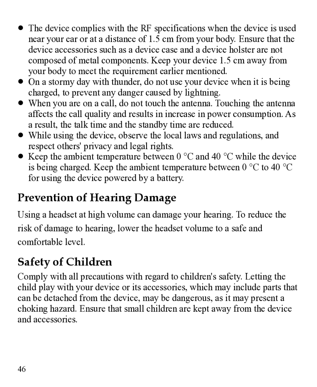 Huawei 31010EJH manual Prevention of Hearing Damage, Safety of Children 