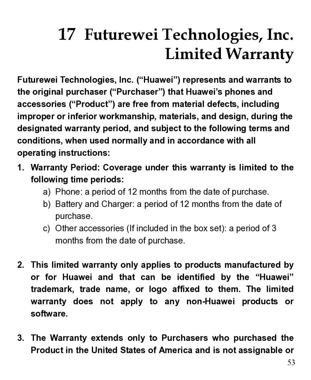 Huawei 31010EJH manual Futurewei Technologies, Inc. Limited Warranty 