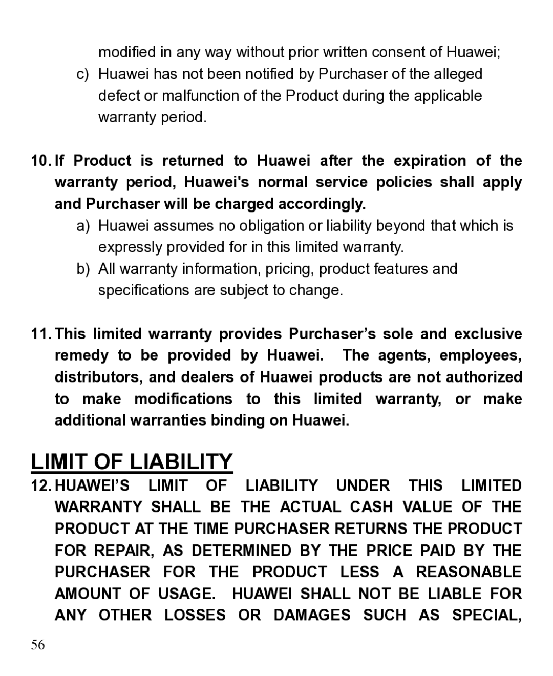 Huawei 31010EJH manual Limit of Liability 