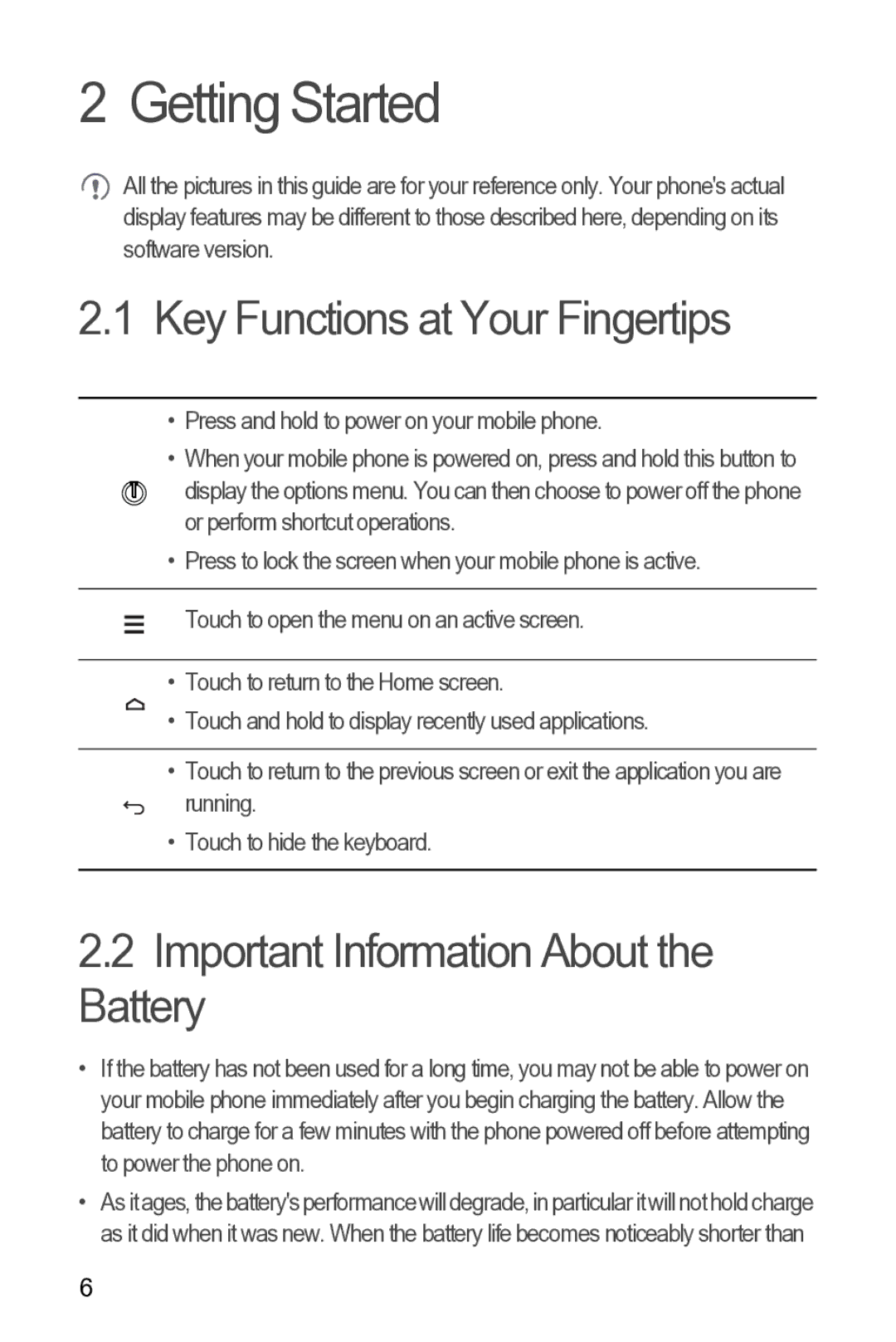 Huawei 616960039235 manual Getting Started, Key Functions at Your Fingertips, Important Information About the Battery 