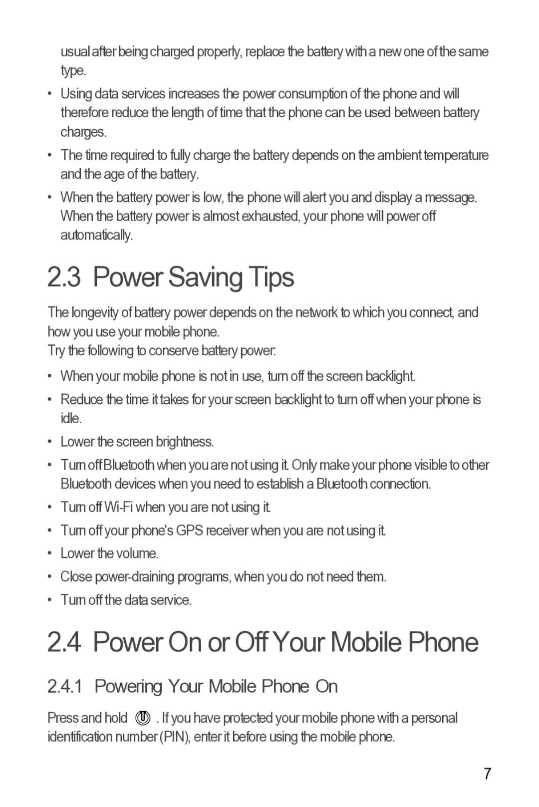 Huawei 616960039235 manual Power Saving Tips, Power On or Off Your Mobile Phone, Powering Your Mobile Phone On 