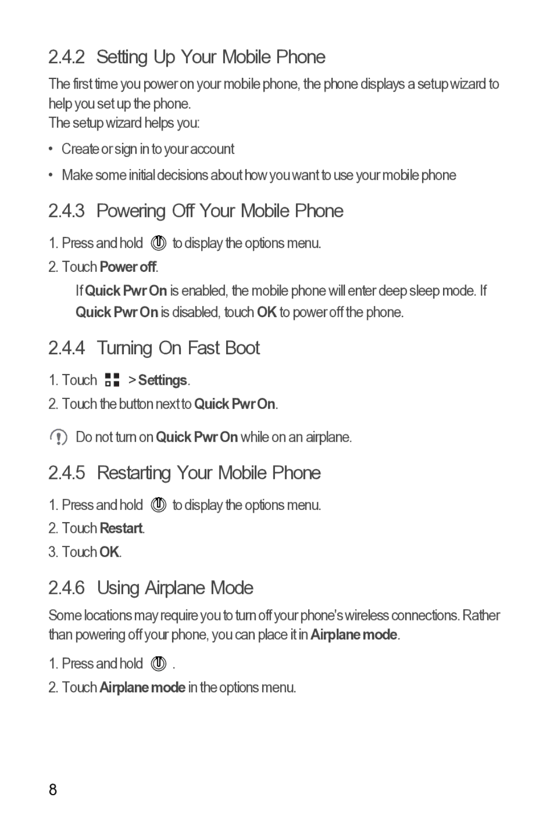 Huawei 616960039235 manual Setting Up Your Mobile Phone, Powering Off Your Mobile Phone, Turning On Fast Boot 