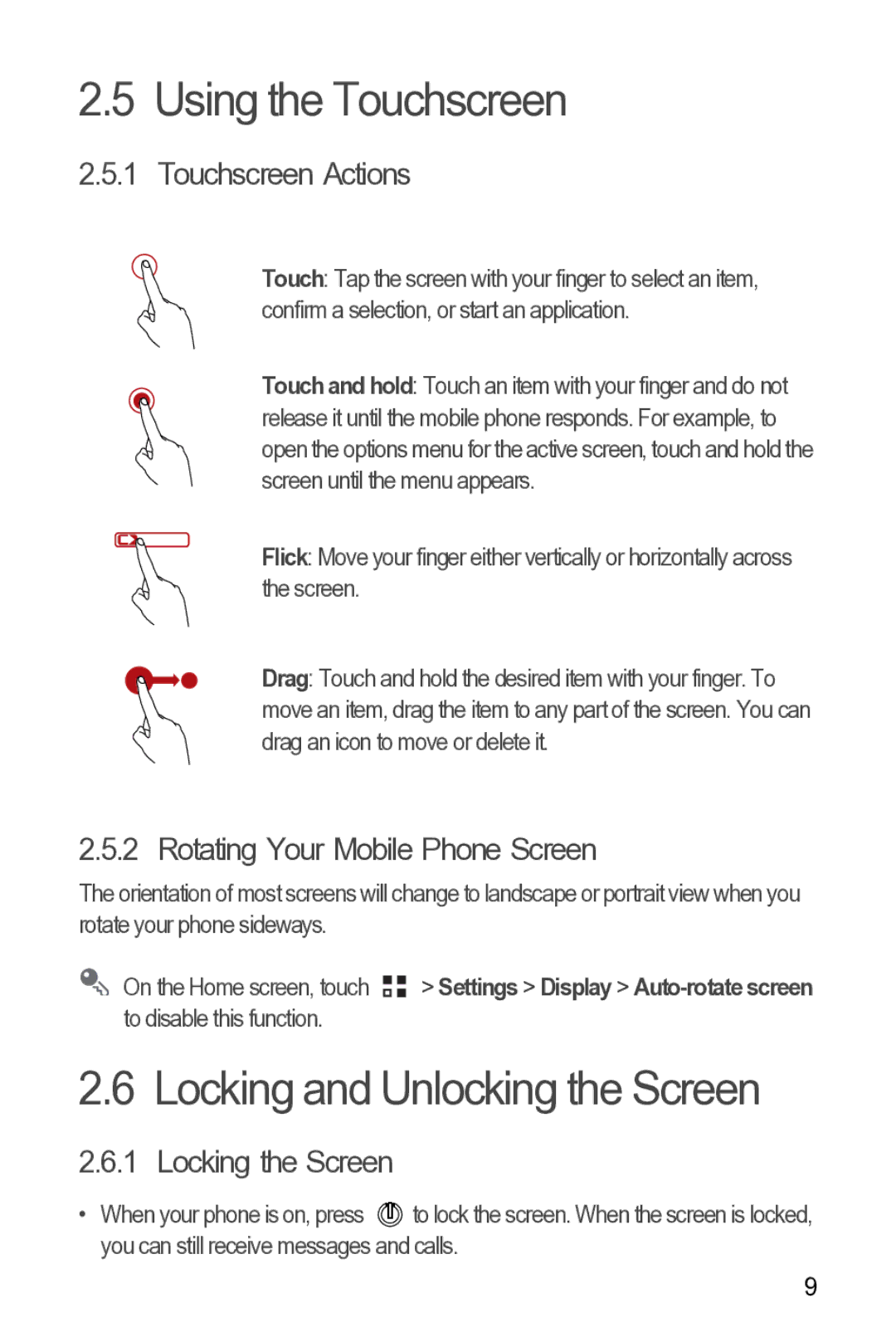 Huawei 616960039235 manual Using the Touchscreen, Locking and Unlocking the Screen, Touchscreen Actions, Locking the Screen 