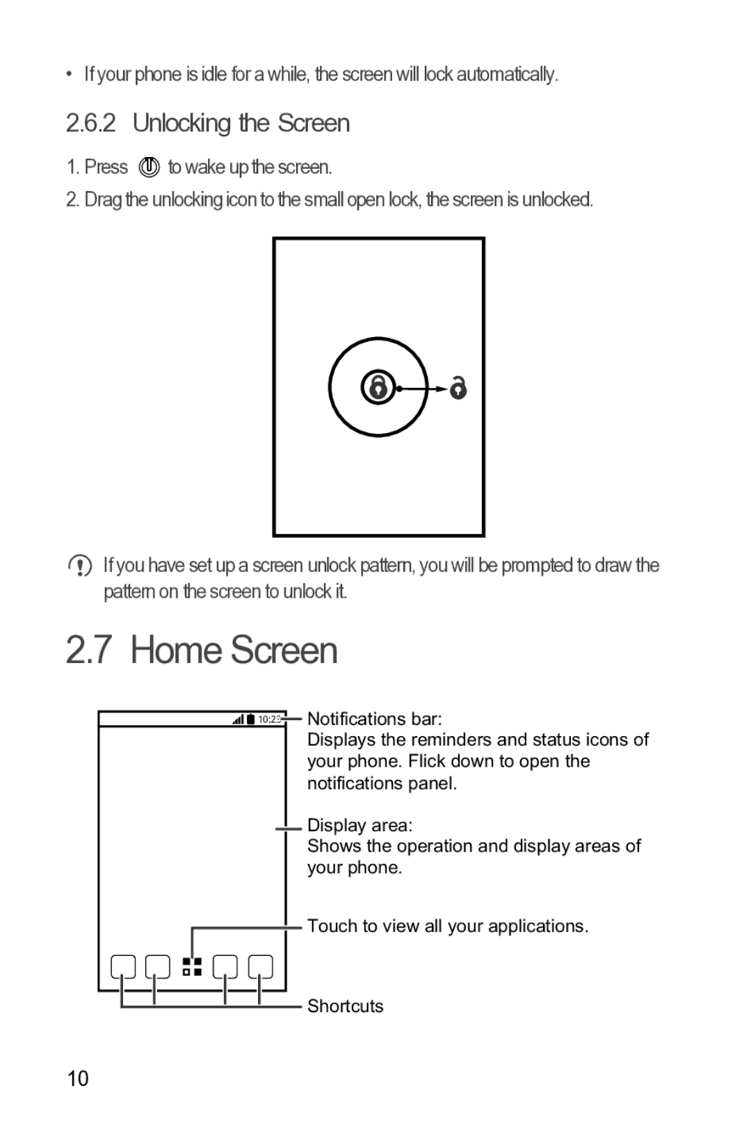 Huawei 616960039235 manual Home Screen, Unlocking the Screen 