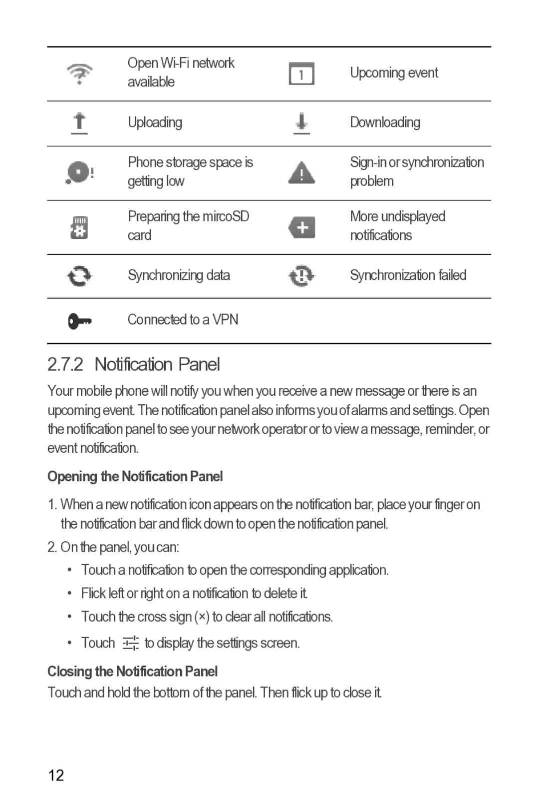 Huawei 616960039235 manual Opening the Notification Panel, Closing the Notification Panel 