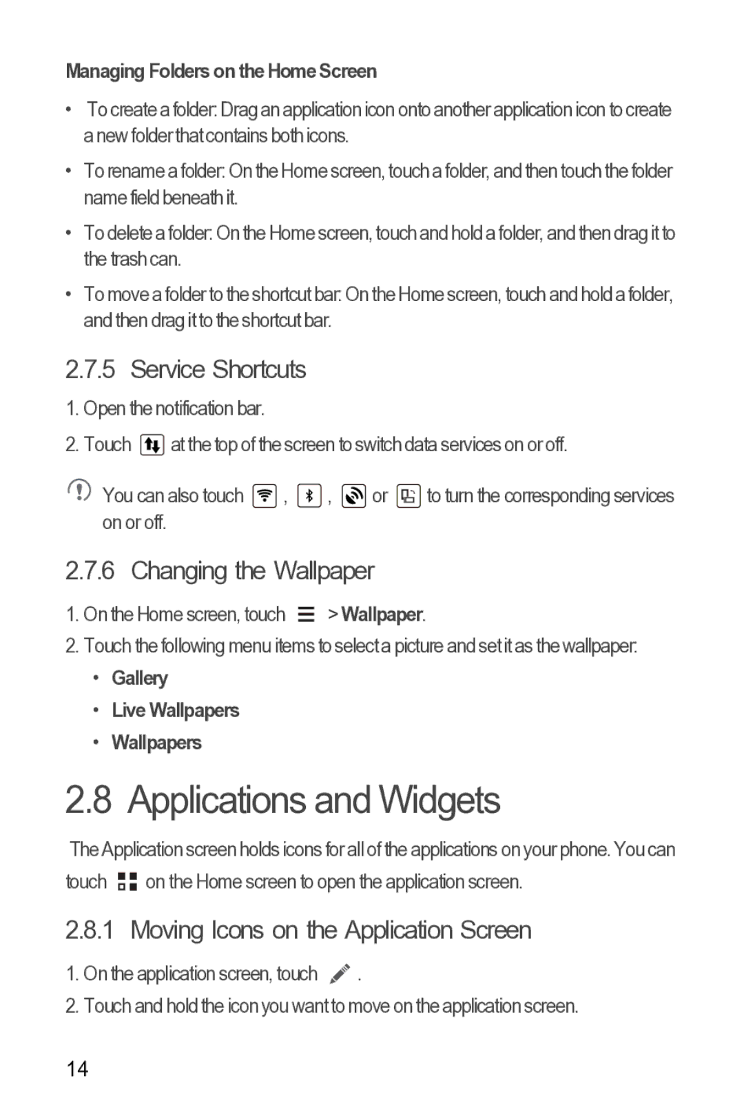 Huawei 616960039235 manual Applications and Widgets, Service Shortcuts, Changing the Wallpaper 