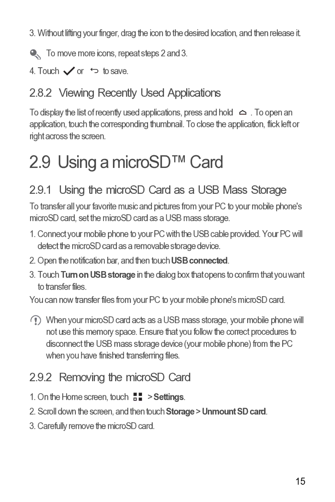 Huawei 616960039235 Using a microSD Card, Viewing Recently Used Applications, Using the microSD Card as a USB Mass Storage 