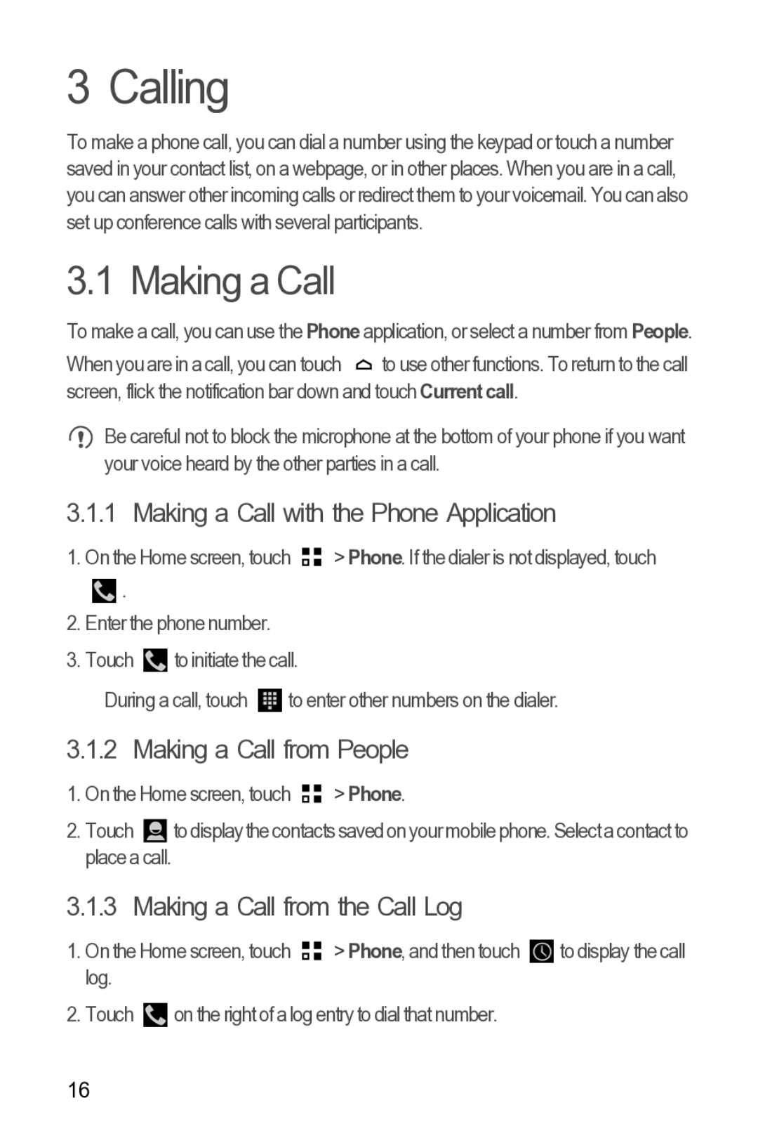 Huawei 616960039235 manual Calling, Making a Call with the Phone Application, Making a Call from People 