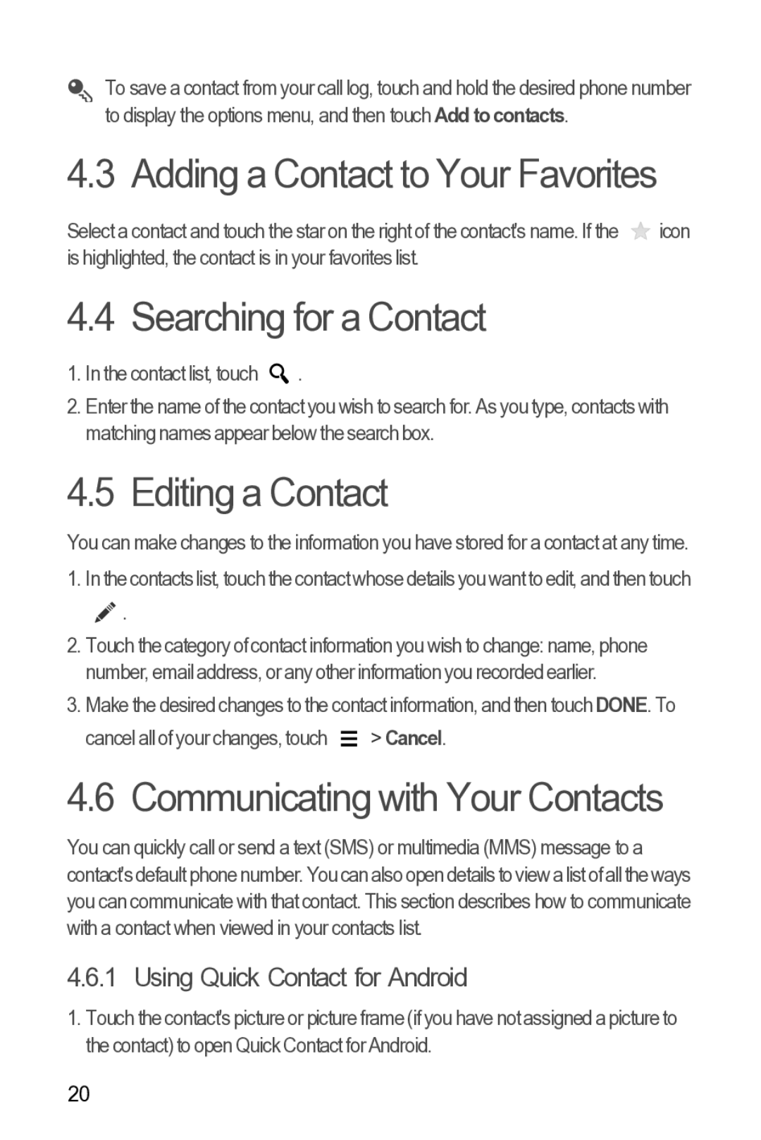 Huawei 616960039235 manual Adding a Contact to Your Favorites, Searching for a Contact, Editing a Contact 