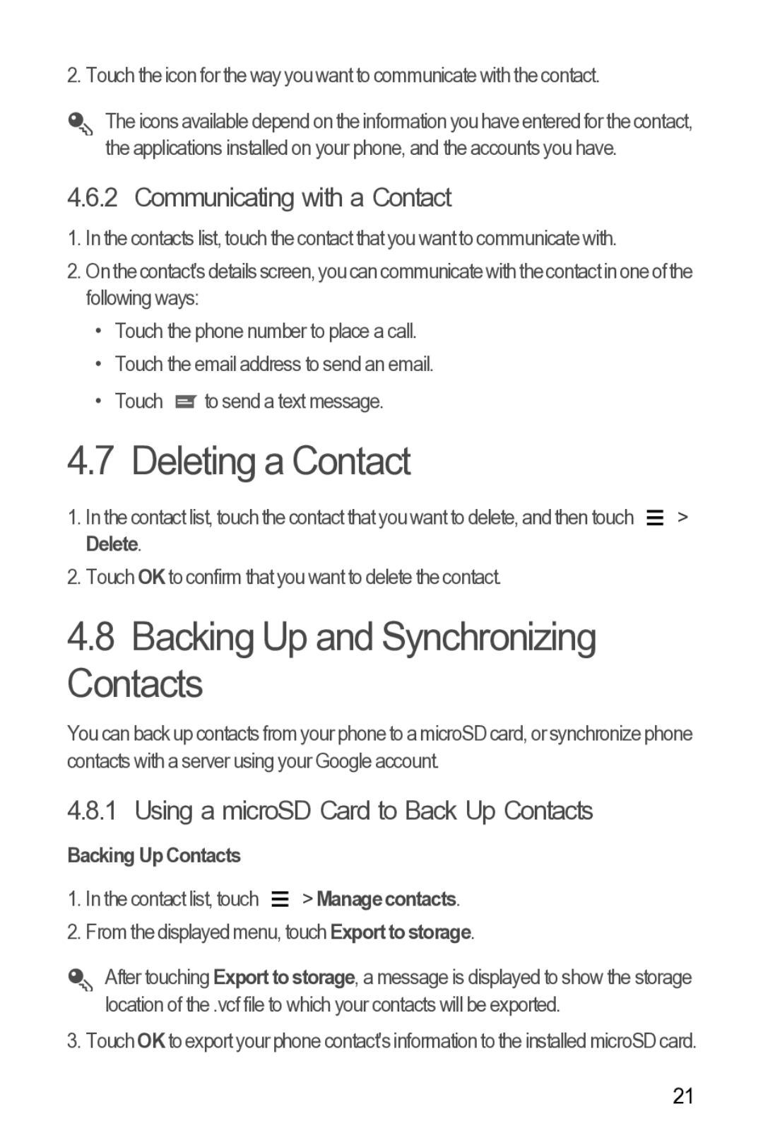 Huawei 616960039235 manual Deleting a Contact, Backing Up and Synchronizing Contacts, Communicating with a Contact 