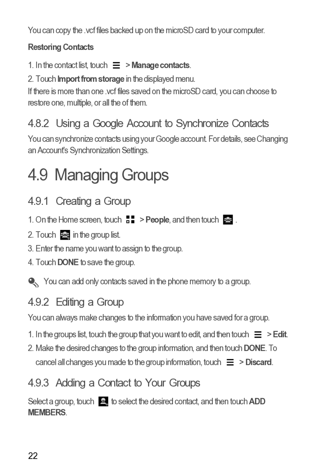 Huawei 616960039235 Managing Groups, Using a Google Account to Synchronize Contacts, Creating a Group, Editing a Group 