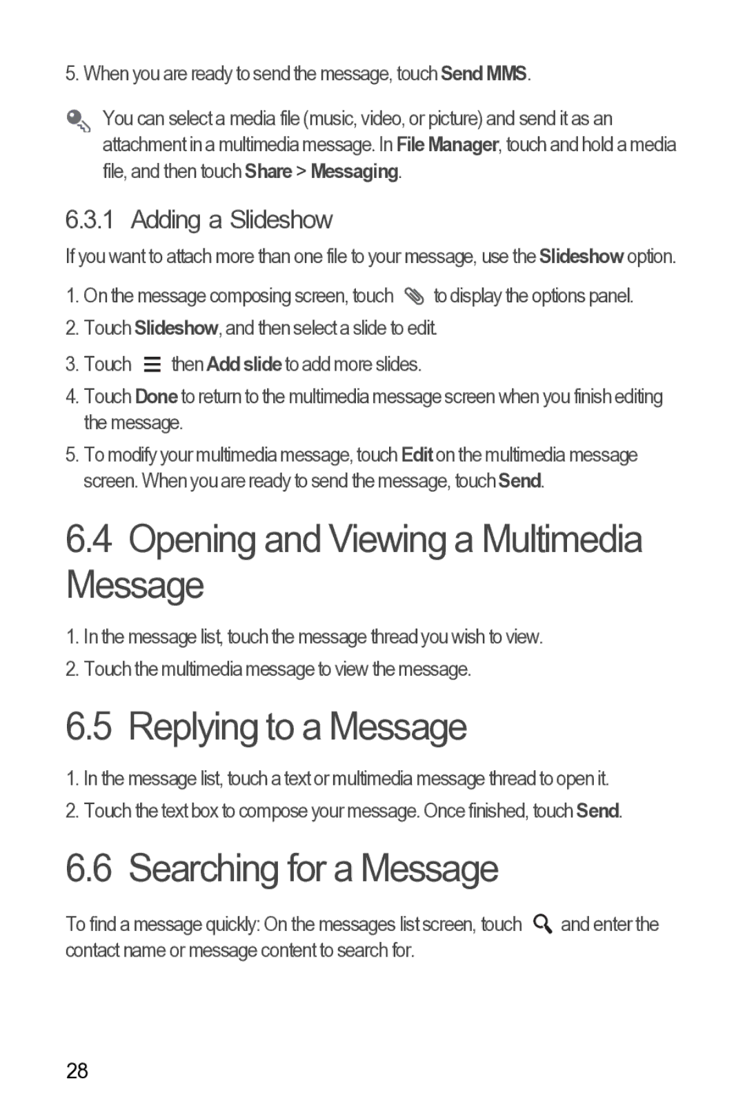 Huawei 616960039235 manual Opening and Viewing a Multimedia Message, Replying to a Message, Searching for a Message 