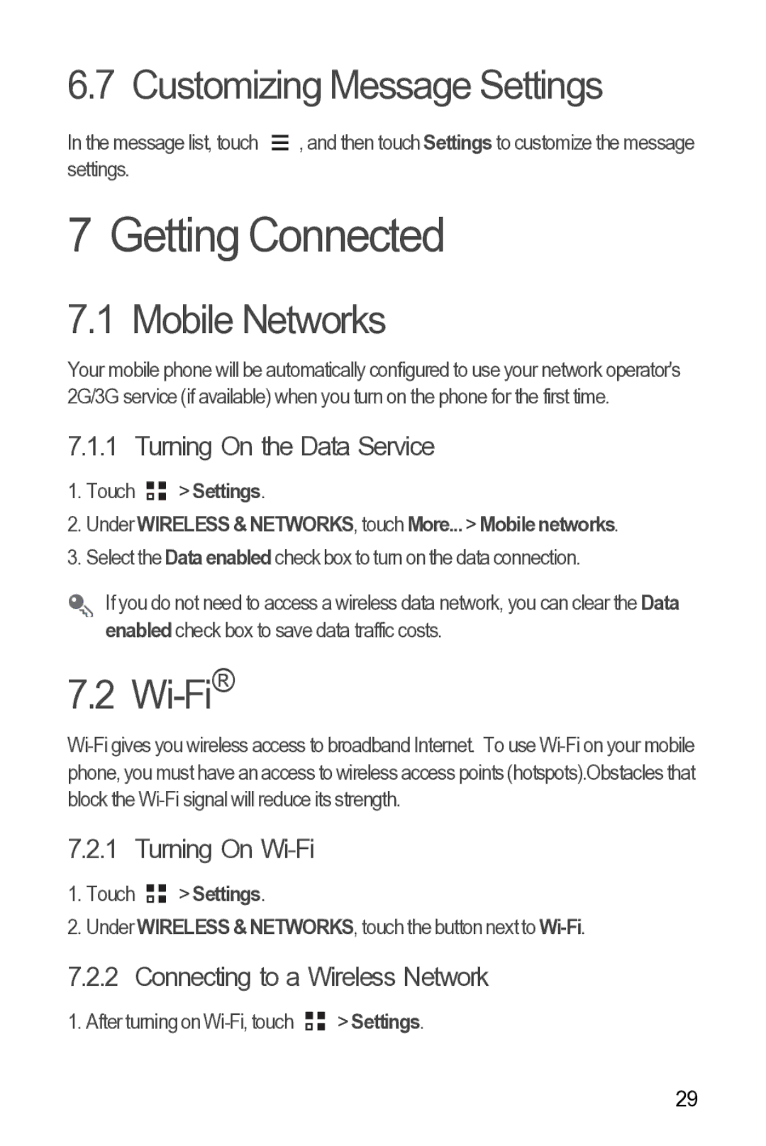 Huawei 616960039235 manual Getting Connected, Customizing Message Settings, Mobile Networks, Wi-Fi 