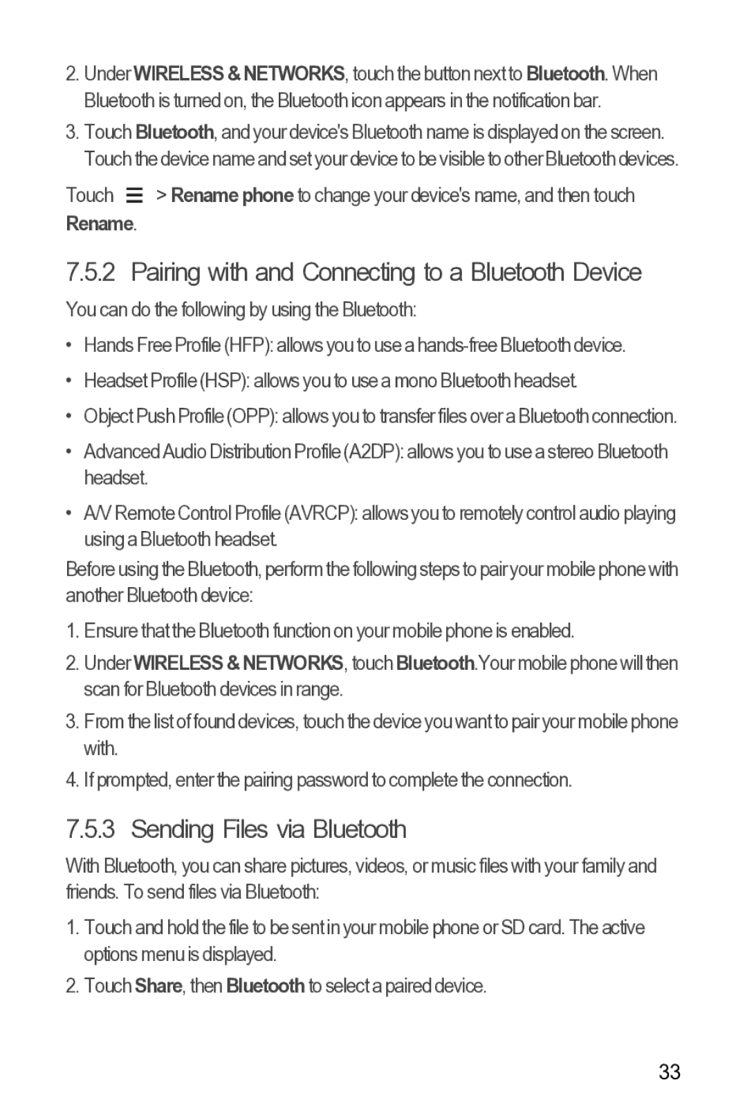 Huawei 616960039235 manual Pairing with and Connecting to a Bluetooth Device, Sending Files via Bluetooth, Rename 