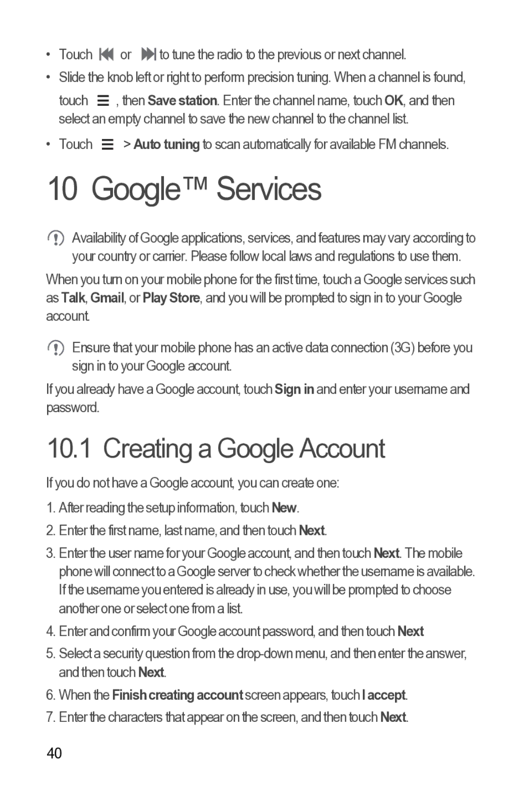 Huawei 616960039235 manual Google Services, Creating a Google Account, Touch 