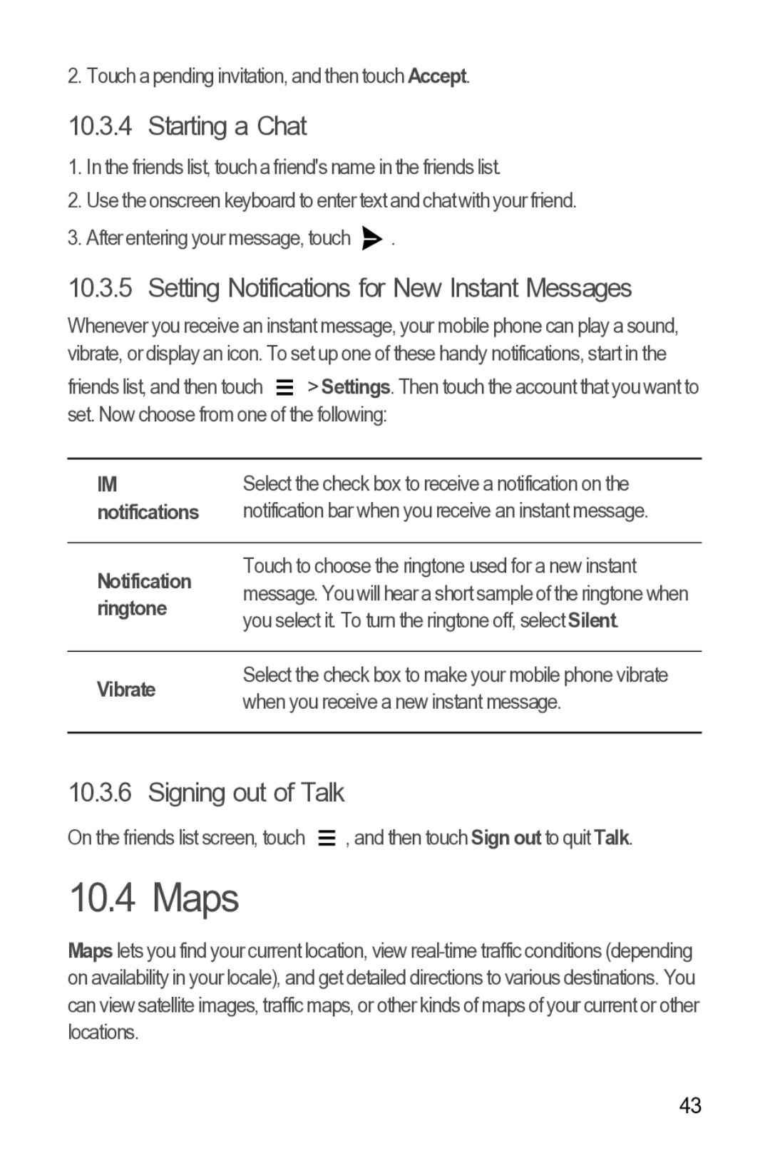 Huawei 616960039235 manual Maps, Starting a Chat, Setting Notifications for New Instant Messages, Signing out of Talk 