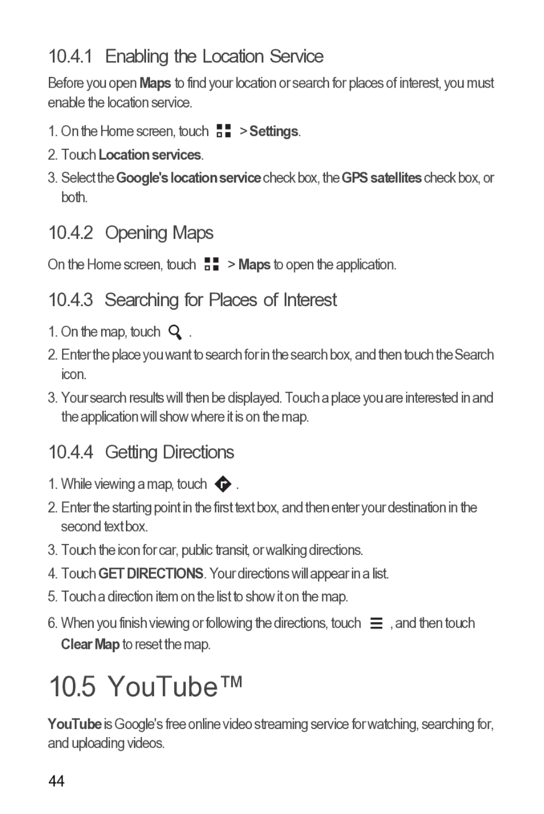 Huawei 616960039235 manual YouTube, Enabling the Location Service, Opening Maps, Searching for Places of Interest 