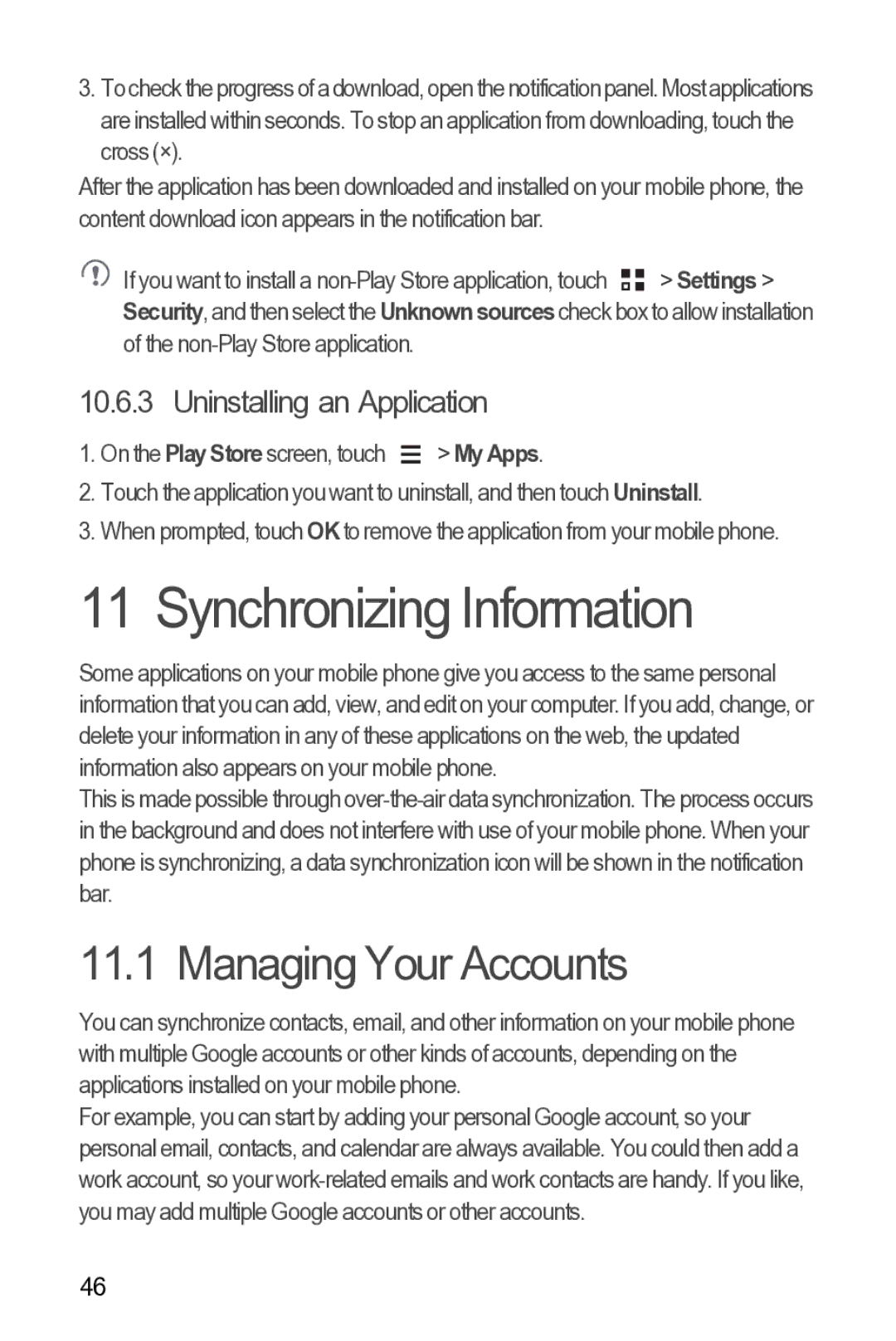 Huawei 616960039235 manual Synchronizing Information, Managing Your Accounts, Uninstalling an Application 