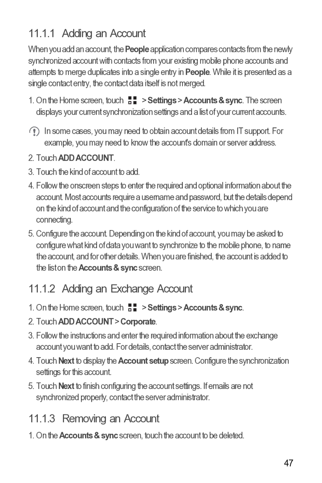 Huawei 616960039235 manual Adding an Account, Adding an Exchange Account, Removing an Account, Touch ADD Account 