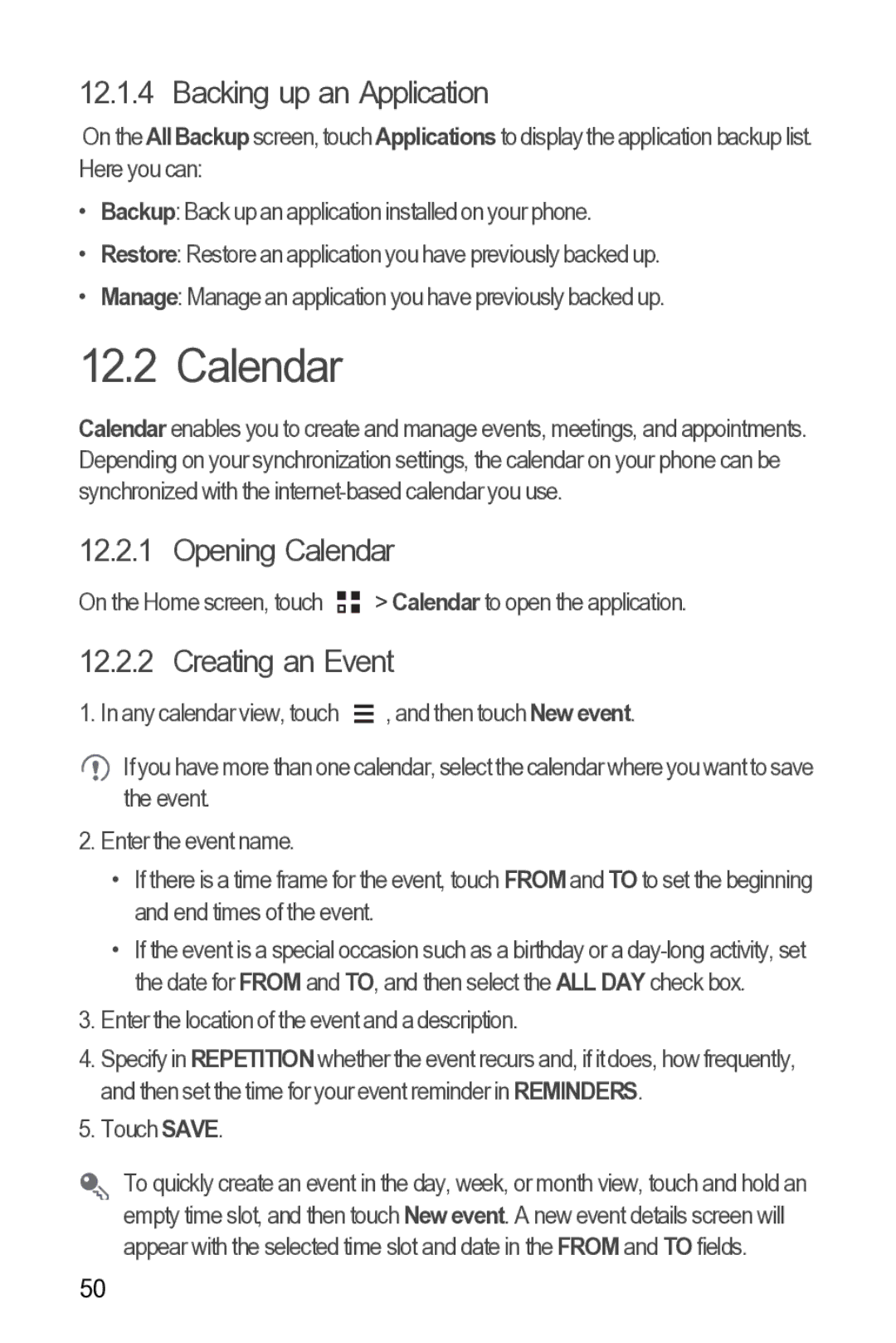 Huawei 616960039235 manual Backing up an Application, Opening Calendar, Creating an Event 