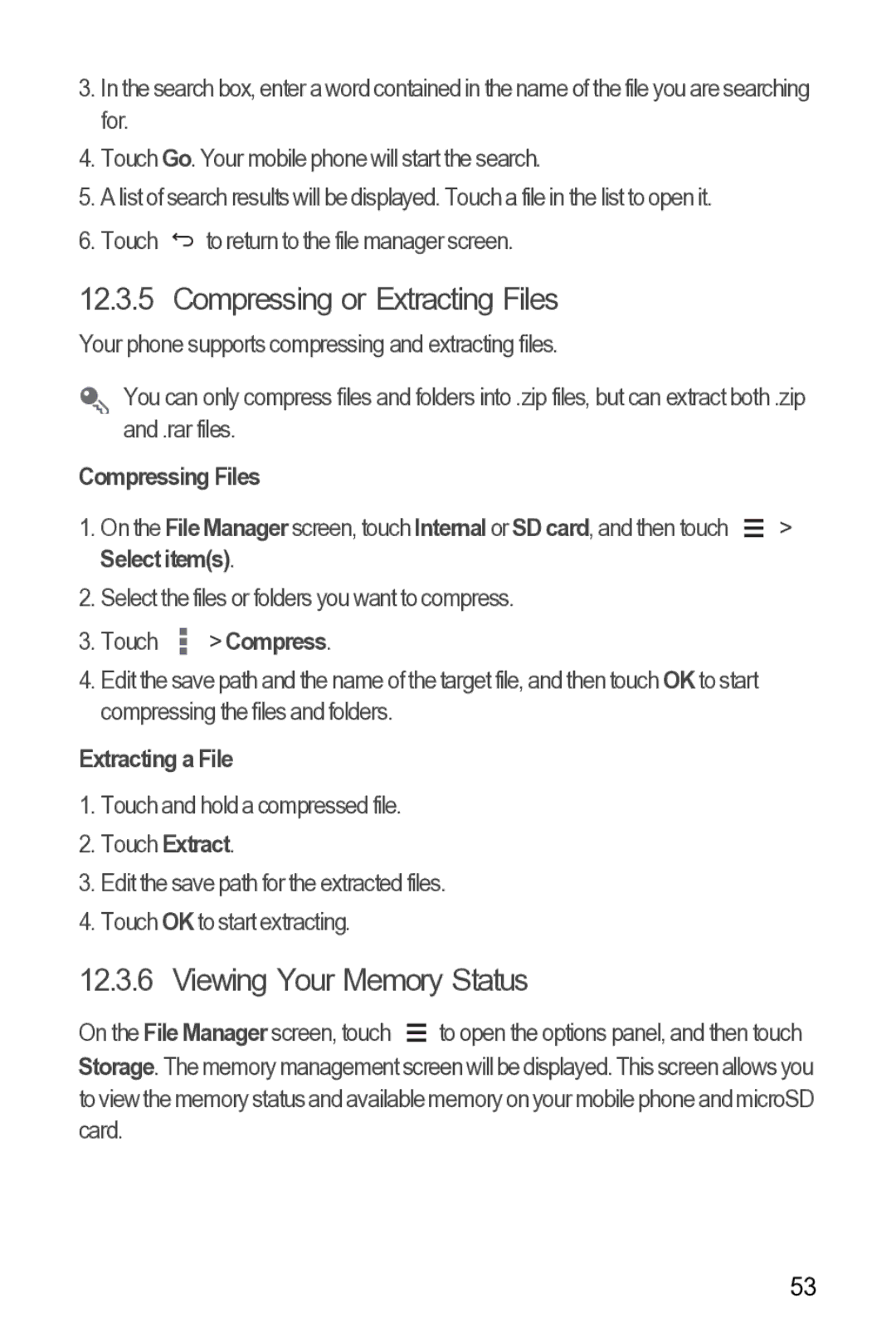 Huawei 616960039235 manual Compressing or Extracting Files, Viewing Your Memory Status 