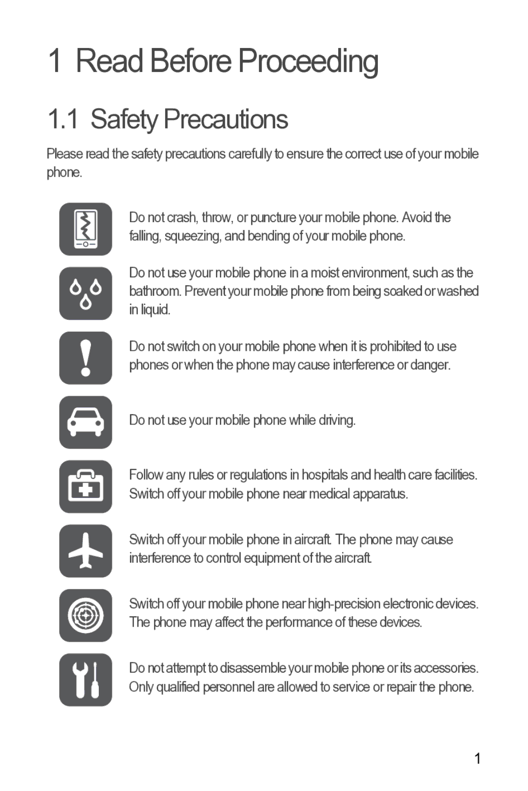 Huawei 616960039235 manual Read Before Proceeding, Safety Precautions, Do not use your mobile phone while driving 