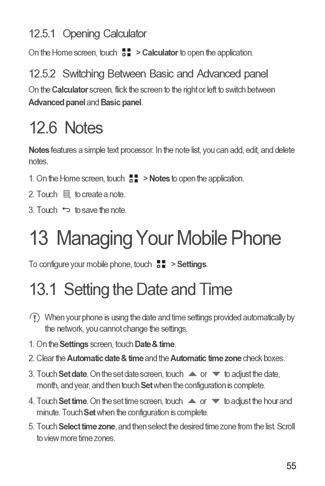 Huawei 616960039235 manual Managing Your Mobile Phone, Setting the Date and Time, Opening Calculator 