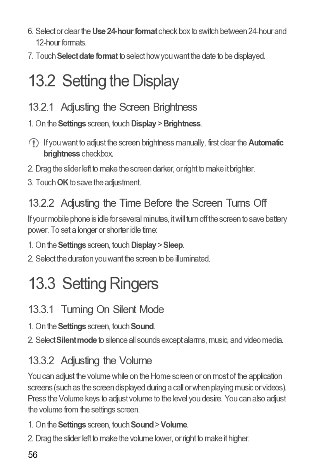 Huawei 616960039235 manual Setting the Display, Setting Ringers 