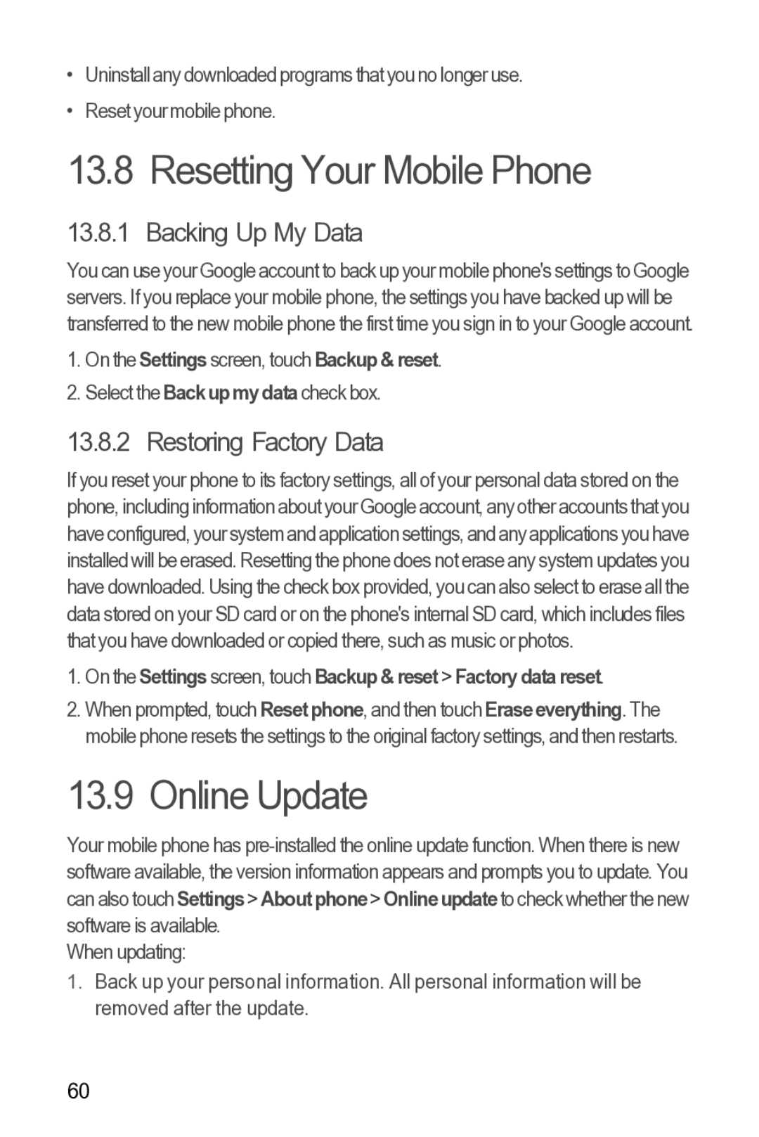 Huawei 616960039235 manual Resetting Your Mobile Phone, Online Update, Backing Up My Data, Restoring Factory Data 