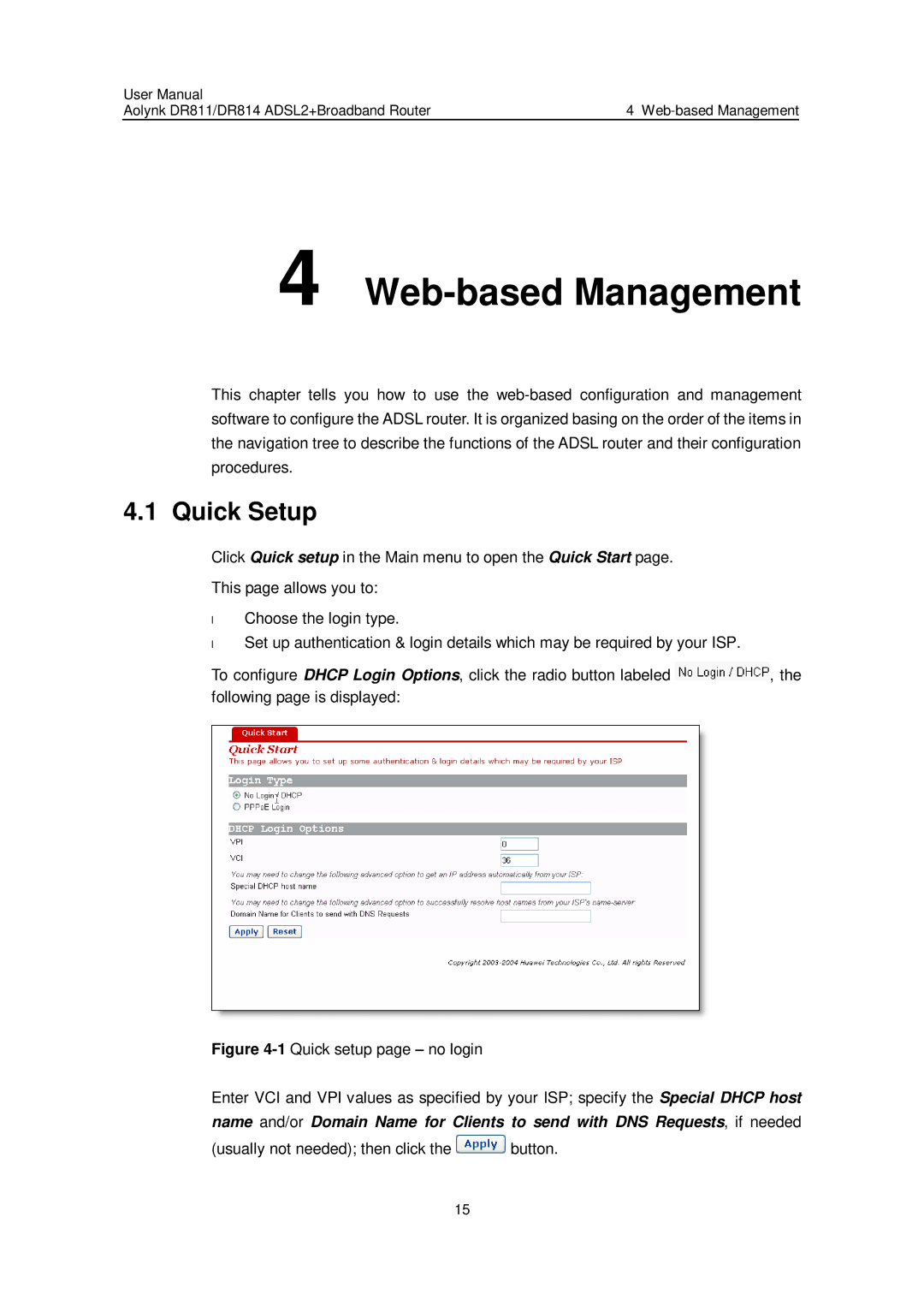 Huawei Aolynk DR811, Aolynk DR814 user manual Web-based Management, Quick Setup 