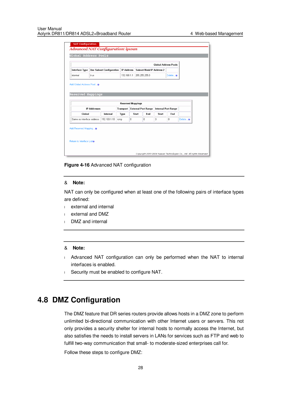 Huawei Aolynk DR814, Aolynk DR811 user manual DMZ Configuration 