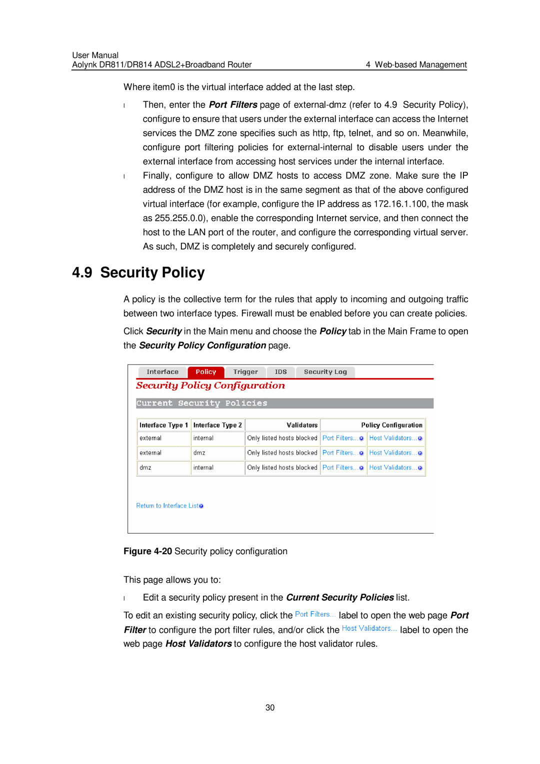 Huawei Aolynk DR814, Aolynk DR811 user manual Security Policy 