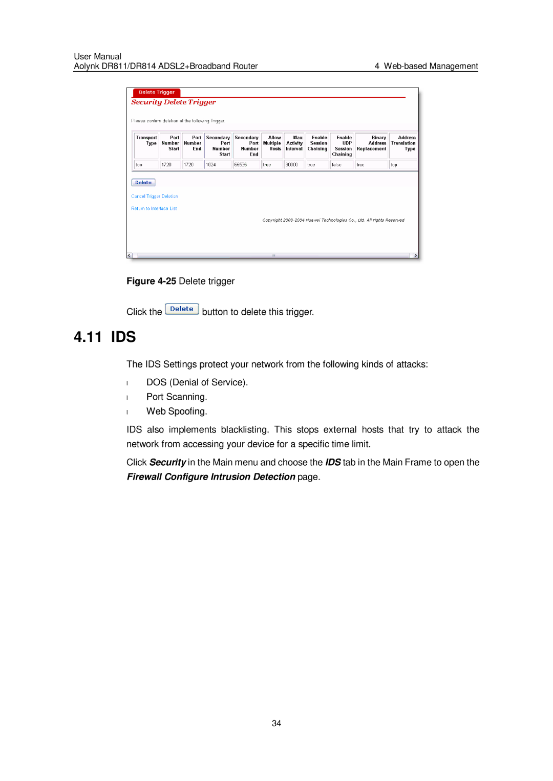 Huawei Aolynk DR814, Aolynk DR811 user manual 11 IDS, 25Delete trigger Click the button to delete this trigger 