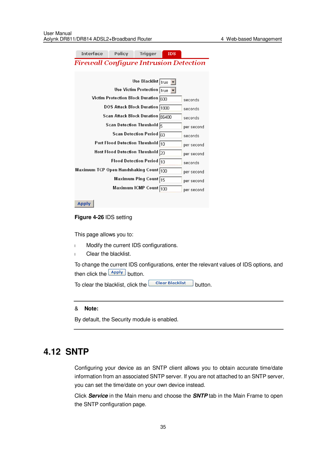 Huawei Aolynk DR811, Aolynk DR814 user manual Sntp, IDS setting 