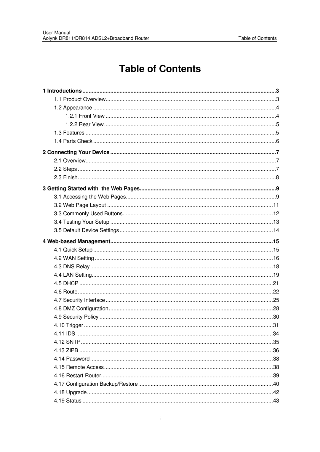 Huawei Aolynk DR811, Aolynk DR814 user manual Table of Contents 