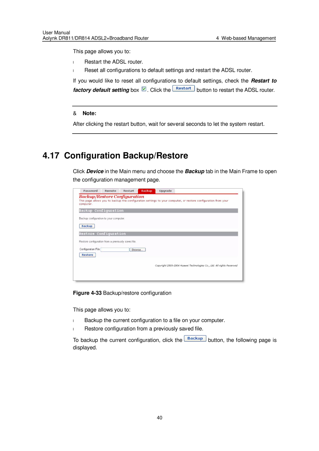 Huawei Aolynk DR814, Aolynk DR811 user manual Configuration Backup/Restore 