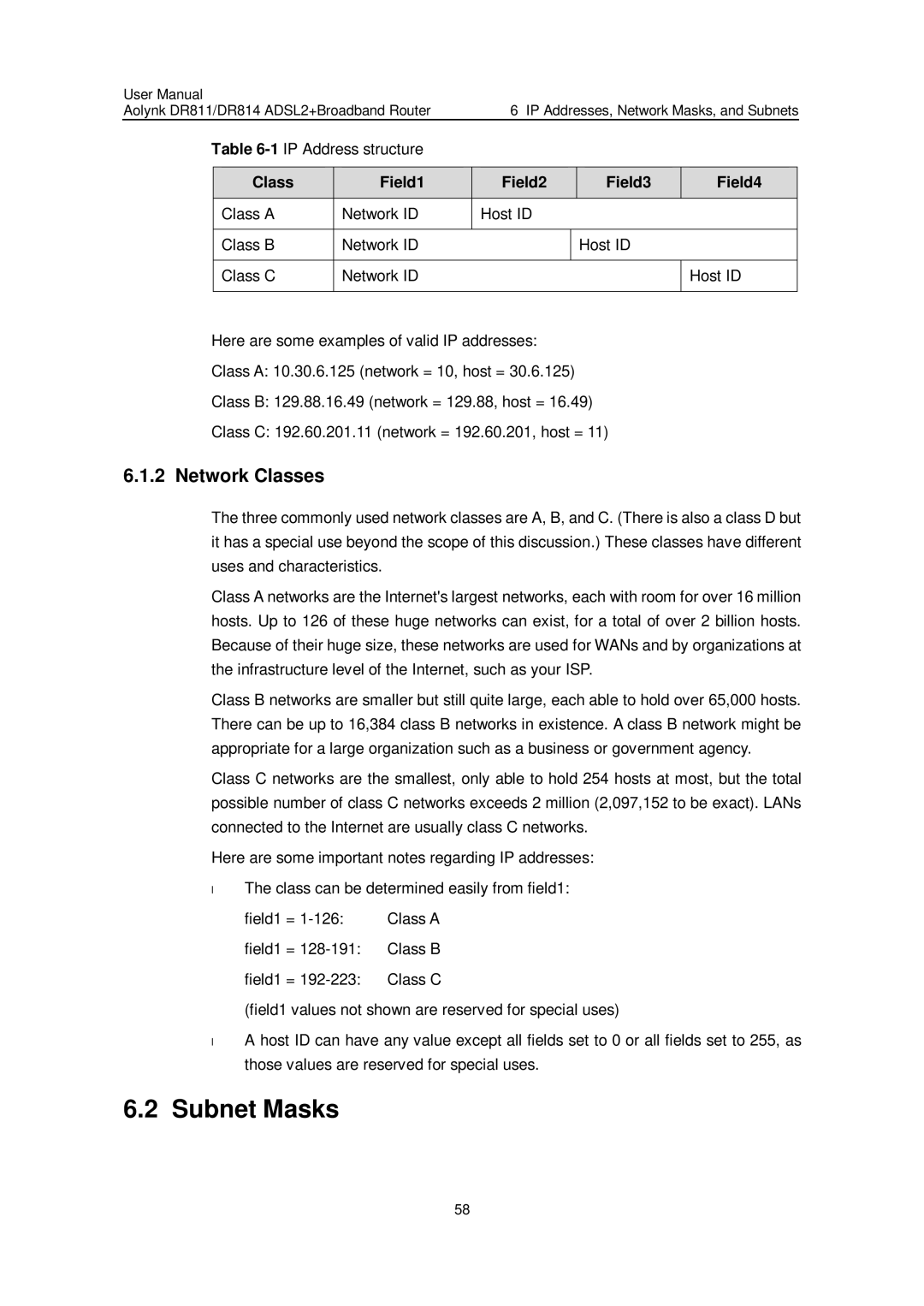 Huawei Aolynk DR814, Aolynk DR811 user manual Subnet Masks, Network Classes, Class Field1 Field2 Field3 Field4 