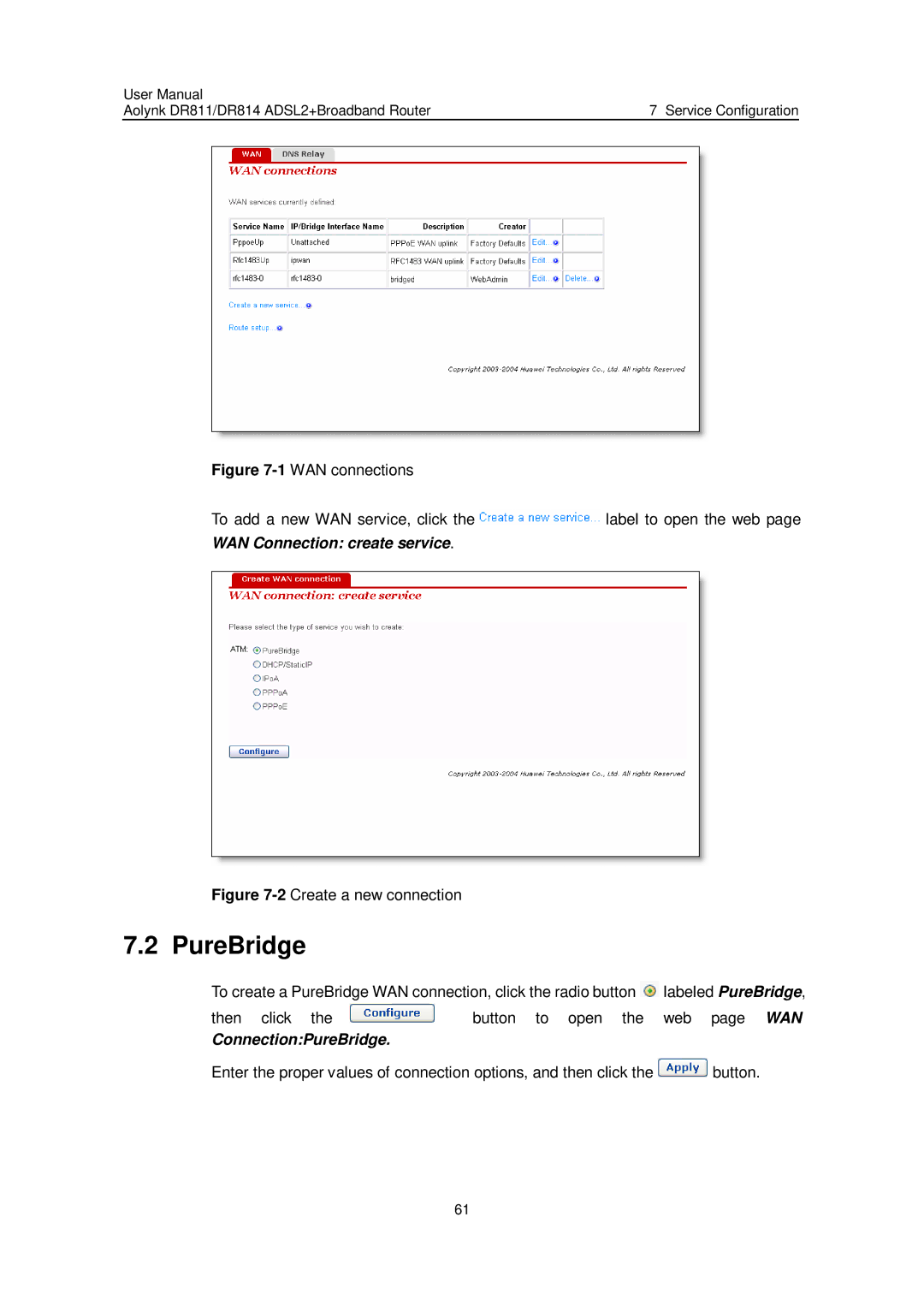Huawei Aolynk DR811, Aolynk DR814 user manual ConnectionPureBridge 