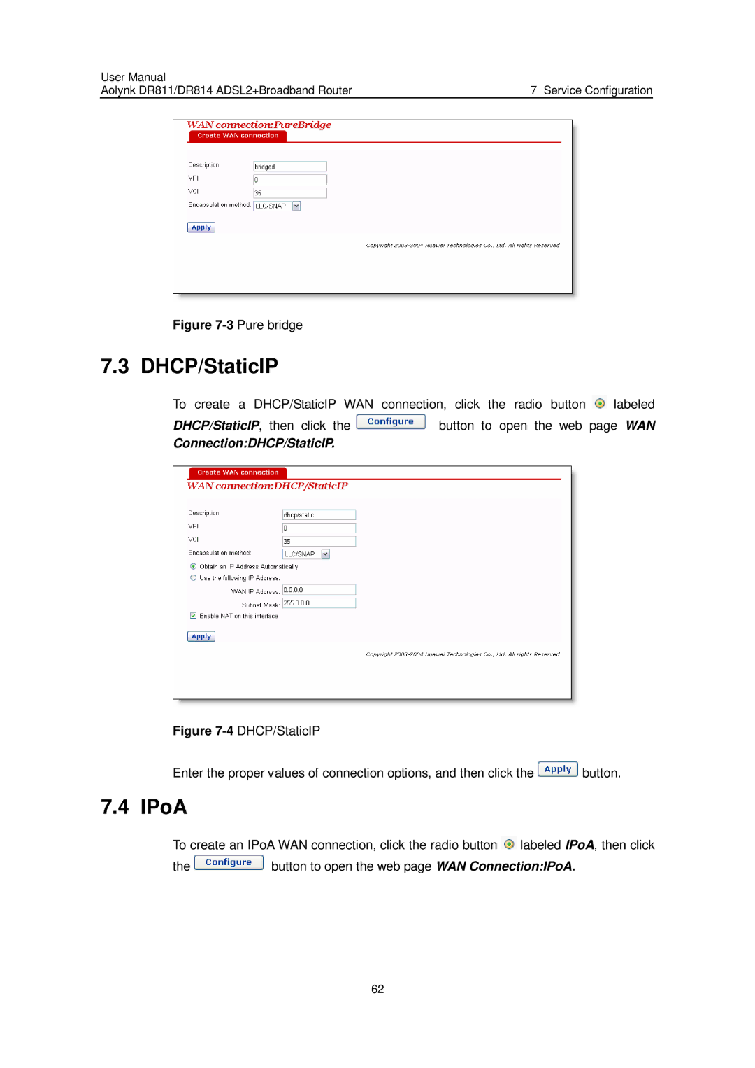 Huawei Aolynk DR814, Aolynk DR811 user manual DHCP/StaticIP, IPoA 