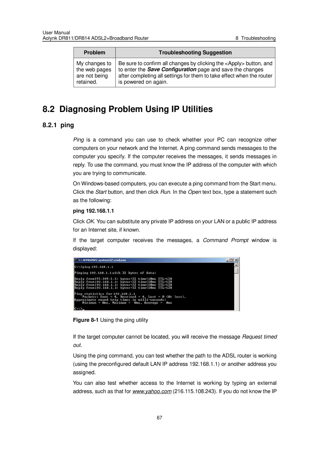 Huawei Aolynk DR811, Aolynk DR814 user manual Diagnosing Problem Using IP Utilities, Ping 