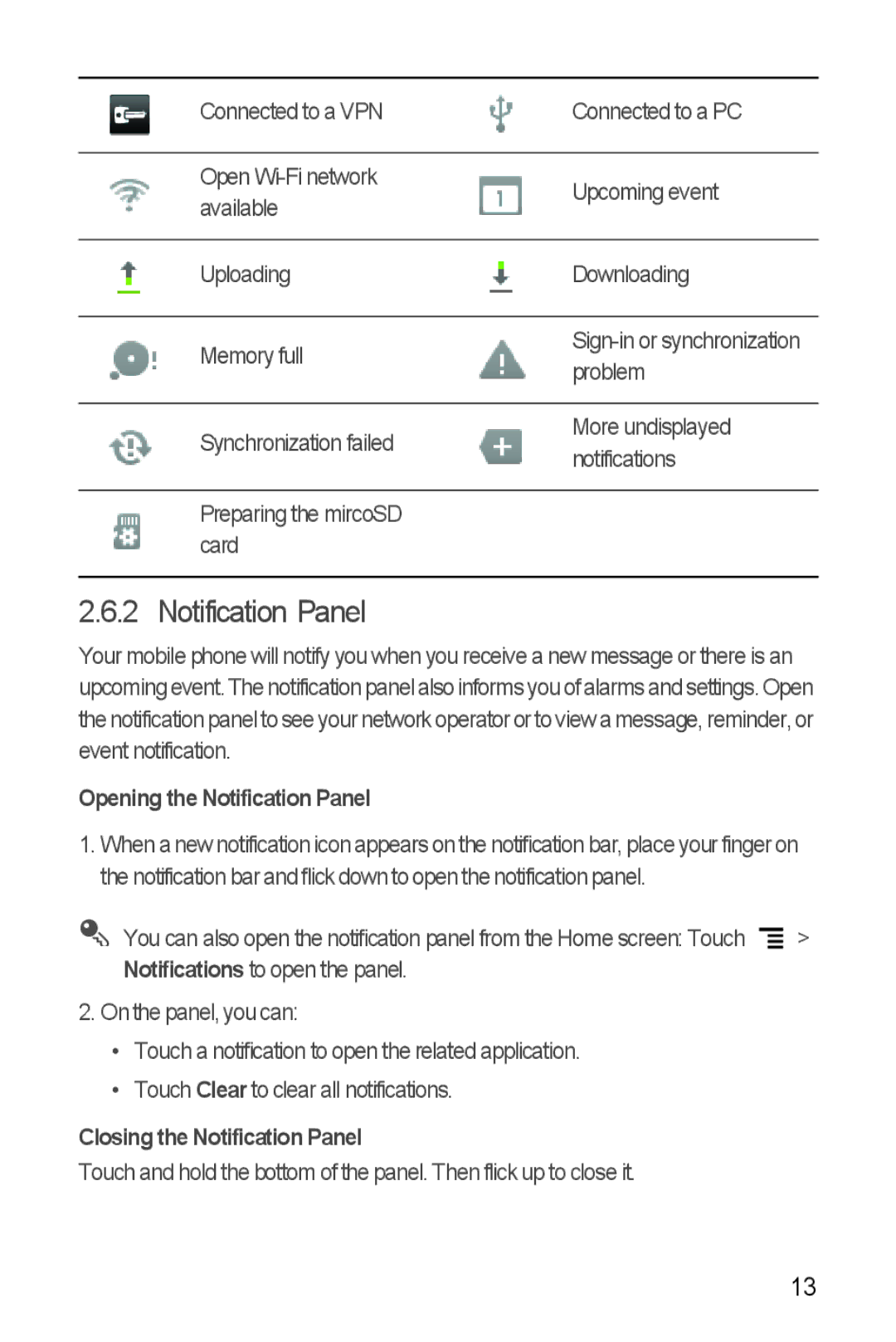 Huawei Ascend Y manual Opening the Notification Panel, Closing the Notification Panel 