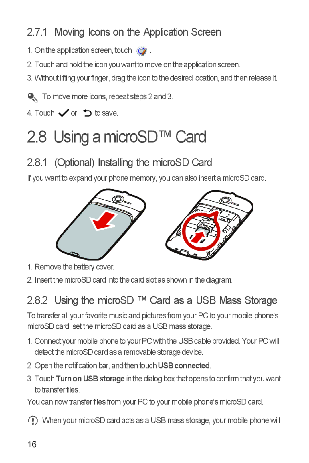 Huawei Ascend Y manual Using a microSD Card, Moving Icons on the Application Screen, Optional Installing the microSD Card 