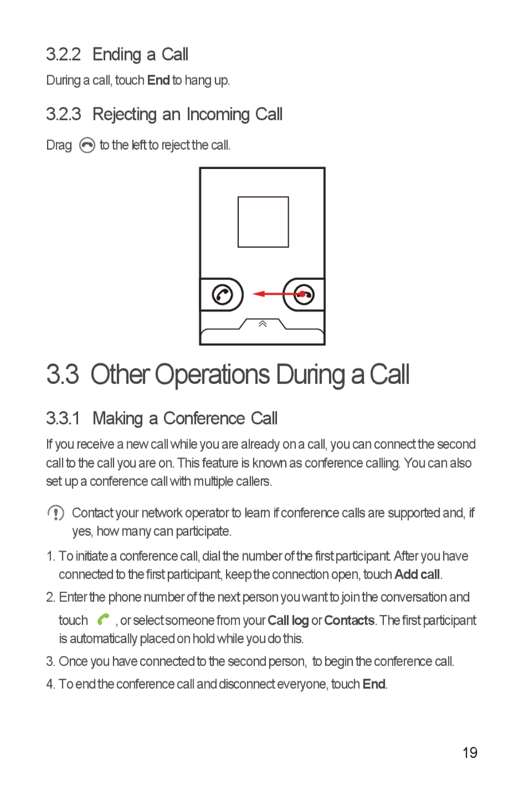 Huawei Ascend Y manual Other Operations During a Call, Ending a Call, Rejecting an Incoming Call, Making a Conference Call 