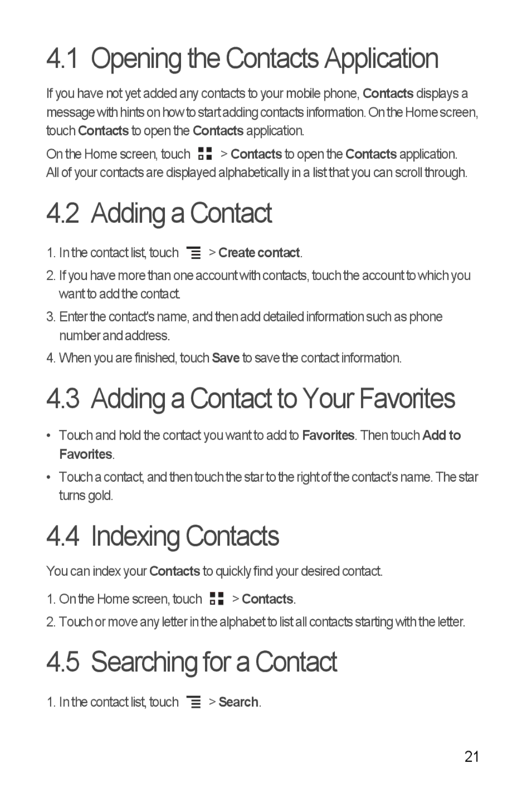 Huawei Ascend Y manual Opening the Contacts Application, Adding a Contact to Your Favorites, Indexing Contacts 