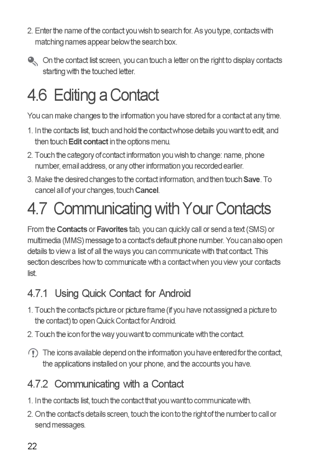 Huawei Ascend Y manual Editing a Contact, Communicating with Your Contacts, Using Quick Contact for Android 