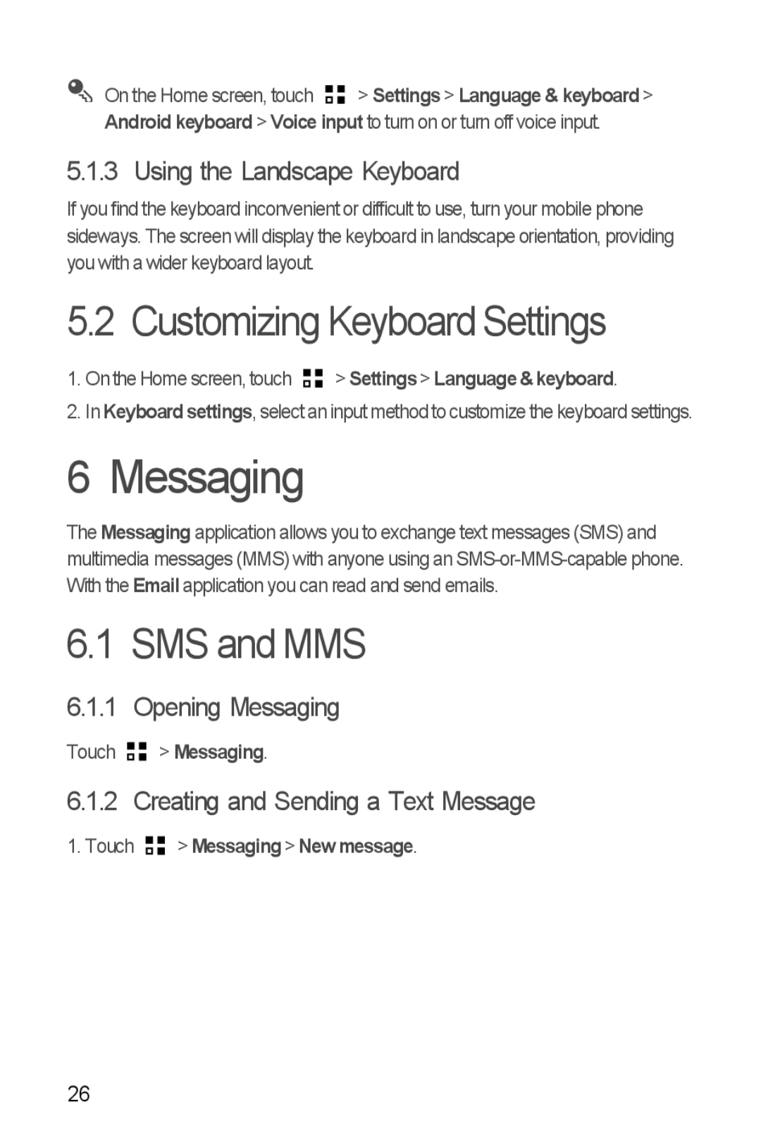 Huawei Ascend Y manual Messaging, Customizing Keyboard Settings, SMS and MMS 