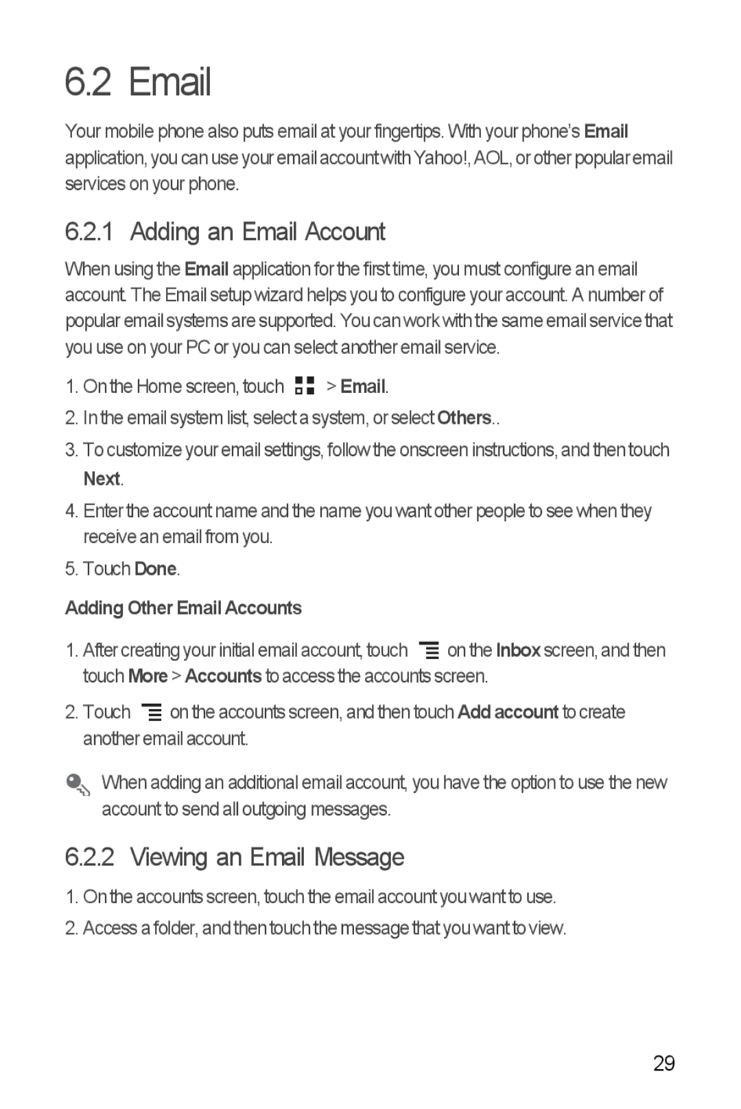 Huawei Ascend Y manual Adding an Email Account, Viewing an Email Message, Adding Other Email Accounts 